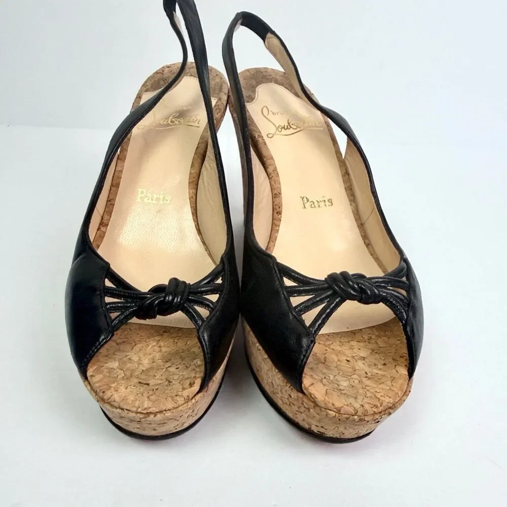 Christian Louboutin Cork Wedges Sandals Black Leather Peep Toe Slingback US 8